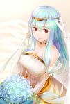  bare_shoulders blue_hair bouquet bridal_veil bride commentary_request dress elbow_gloves fire_emblem fire_emblem:_rekka_no_ken fire_emblem_heroes flower gloves harumiya_(hayatobi23) highres long_hair mamkute ninian red_eyes smile solo strapless strapless_dress veil wedding_dress white_dress white_gloves 