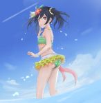  absurdres ass bikini bikini_skirt black_hair blue_sky bracelet day earrings flower from_below green_bikini hair_between_eyes hair_flower hair_ornament hibiscus highres jewelry layered_skirt long_hair love_live! love_live!_school_idol_project natsuiro_egao_de_1_2_jump! ocean open_mouth outdoors red_eyes red_flower see-through sky solo standing star star_earrings striped striped_bikini suirensei swimsuit twintails wading yazawa_nico 