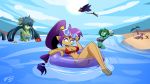  2018 beach bikini blue_eyes bolo_(shantae) breasts cleavage clothed clothing eyewear female genie giga_mermaid green_skin hair humanoid male marine merfolk navel pointy_ears purple_hair risky_boots rottytops seaside shantae shantae_(series) sky_(shantae) squid_baron sunglasses swimsuit zedrin 