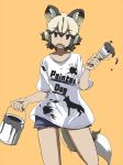 african_wild_dog_(kemono_friends) alternate_costume animal_ears bare_arms bare_legs blonde_hair brown_eyes brown_hair can casual clothes_writing collarbone contemporary cowboy_shot denim denim_shorts dog_ears dog_tail eyebrows_visible_through_hair fangs hair_between_eyes hand_up hane_(kirschbaum) holding holding_can kemono_friends looking_at_viewer open_mouth paint paint_can paint_splatter paintbrush platinum_blonde_hair shirt short_hair short_sleeves shorts sidelocks simple_background solo standing t-shirt tail trim_brush 