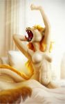  2018 bed breasts dragon eastern_dragon featureless_breasts feline female hybrid lion mammal medaya nude open_mouth solo tankana yawn 