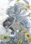  brown_hair bubble closed_eyes crying crying_with_eyes_open daisy dress fins flower grey_eyes grey_hair head_fins head_hug highres kakmxxxny06 long_hair looking_at_viewer mermaid monster_girl multiple_girls original scales tears webbed_hands yuri 