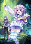  blush book brave_neptune chrom_(neptune) d-pad d-pad_hair_ornament forest hair_ornament looking_at_viewer multiple_girls nature neptune_(choujigen_game_neptune) neptune_(series) official_art open_mouth purple_eyes purple_hair short_hair smile striped thighhighs tsunako 