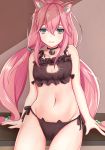  animal_ear_fluff animal_ears animal_print bell bell_choker black_bra black_choker black_panties bra cat_cutout cat_ear_panties cat_ears cat_lingerie cat_print choker cleavage_cutout closed_mouth commentary_request green_eyes hair_between_eyes hair_bobbles hair_ornament hinata_channel light_smile long_hair looking_at_viewer low_twintails meme_attire navel nekomiya_hinata nurumaru_yu panties pink_hair print_panties side-tie_panties sitting smile solo twintails underwear underwear_only virtual_youtuber 