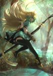  animal_ears ass atalanta_(fate) backless_dress backless_outfit black_panties blade blonde_hair bow_(weapon) cat_ears cat_tail day dress fate/apocrypha fate_(series) forest full_body gauntlets green_dress green_eyes green_hair highres holding holding_bow_(weapon) holding_weapon kaze_minoru_so-ru looking_back multicolored_hair nature open_mouth outdoors panties pixiv_fate/grand_order_contest_2 short_dress solo tail tree two-tone_hair underwear weapon 