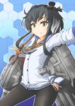  :p anchor anchor_symbol black_hair black_legwear blue_background blue_sailor_collar brown_eyes buttons cannon eyebrows_visible_through_hair gradient_hair grey_hair hairband hat headgear highres honeycomb_(pattern) honeycomb_background kantai_collection looking_at_viewer looking_to_the_side lowleg_pantyhose machinery mini_hat multicolored_hair neckerchief no_pants orange_neckwear outline outstretched_arms pantyhose rigging sailor_collar school_uniform serafuku shirt short_hair_with_long_locks solo tied_shirt tilted_headwear tokitsukaze_(kantai_collection) tongue tongue_out torpedo_tubes two_side_up v-shaped_eyebrows white_outline yamamoto_rintaro 