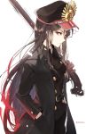  belt black_hair chibirisu commentary_request fate/grand_order fate_(series) gloves gun hand_in_pocket hat highres long_coat long_hair oda_nobunaga_(fate) peaked_cap red_eyes rifle simple_background solo twitter_username weapon white_background 