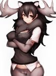  animal_ears antlers breasts brown_eyes cameltoe commentary covered_nipples crossed_arms elbow_gloves extra_ears fumio_(rsqkr) gloves grey_gloves hips kemono_friends long_hair looking_at_viewer medium_breasts moose_(kemono_friends) moose_ears pantyhose simple_background smile solo standing white_background wide_hips 