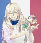  alternate_costume bangs blonde_hair blue_eyes blue_hair candle commandant_teste_(kantai_collection) commentary_request cupcake fairy_(kantai_collection) flag_background food france french_flag hair_between_eyes kantai_collection long_hair minigirl mole mole_under_eye mole_under_mouth multicolored_hair multiple_girls red_hair richelieu_(kantai_collection) sei_masami smile swept_bangs white_hair 