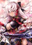  ahoge black_bow black_legwear bow breasts cleavage cleavage_cutout commentary_request dark_skin eyebrows_visible_through_hair fate/grand_order fate_(series) hair_between_eyes hair_bow hair_ornament hane_yuki high_collar highres holding holding_weapon large_breasts long_hair long_sleeves looking_at_viewer okita_souji_(alter)_(fate) okita_souji_(fate)_(all) solo standing sword tassel thighhighs underbust very_long_hair weapon white_hair yellow_eyes zettai_ryouiki 