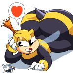  &lt;3 animate_inanimate anthro arthropod bee big_butt butt crown cuphead_(game) duo female huge_butt humanoid insect male mugman object_head pictographics queen royalty rumor_honeybottoms simple_background size_difference stripes superspoe video_games white_background 