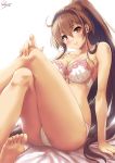  ahoge arm_support ass barefoot bed_sheet blush bra breasts brown_hair cleavage closed_mouth collarbone commentary_request crossed_legs feet floral_print hair_between_eyes hand_on_own_knee highres kantai_collection large_breasts lips long_hair looking_at_viewer nail_polish on_bed panties pink_bra pink_nails pink_panties ponytail purple_eyes sakiyamama sideboob sidelocks signature simple_background sitting smile soles solo toes underwear underwear_only very_long_hair white_background yamato_(kantai_collection) 