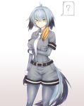  ? alder bad_id bad_pixiv_id belt black_gloves black_hair blonde_hair breast_pocket breasts eyebrows_visible_through_hair fingerless_gloves gloves green_eyes grey_hair grey_legwear kemono_friends large_breasts long_sleeves looking_at_viewer multicolored_hair necktie pantyhose pocket shoebill_(kemono_friends) short_hair solo speech_bubble spoken_question_mark tail white_neckwear 