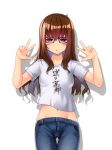  :o ass_visible_through_thighs bad_id bad_pixiv_id bangs blue_eyes blush breasts brown_hair character_request commentary_request cowboy_shot denim double_w eyebrows_visible_through_hair groin hair_between_eyes half-closed_eyes hands_up highres jeans long_hair looking_at_viewer midriff navel okuri_banto pants shadow shiny shiny_hair shirt short_sleeves sidelocks simple_background small_breasts solo standing t-shirt thigh_gap translation_request w white_background white_shirt 
