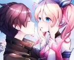  /\/\/\ 2girls blonde_hair blue_eyes brown_hair closed_eyes earrings enepuni genji_(overwatch) hands_on_another's_face heart imminent_kiss jewelry mercy_(overwatch) multiple_girls overwatch pink_mercy short_hair tracer_(overwatch) twintails twitter_username yuri 