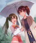  belt casual commentary dated day fang green_eyes green_hair highres jacket jewelry kaga_(kantai_collection) kantai_collection long_hair multiple_girls necklace outdoors plant r.sw rain shared_umbrella short_sleeves shorts side_ponytail skirt smile twintails umbrella zuikaku_(kantai_collection) 