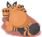  2017 ambiguous_gender belly big_belly black_claws blue-crow claws digital_drawing_(artwork) digital_media_(artwork) feline feral fur hi_res mammal nintendo obese open_mouth overweight pok&eacute;mon pok&eacute;mon_(species) simple_background solo sweat tongue torracat video_games white_background yellow_sclera 