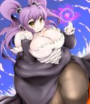  1girl bare_shoulders blush breasts cleavage fat huge_breasts kurokaze_no_sora long_hair magic obese pantyhose purple_hair quad_tails smile solo thick_thighs yellow_eyes 