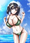  bangs bare_arms bare_shoulders bikini bird black_hair blue_eyes blue_sky blush breasts cleavage cloud collarbone commentary_request cowboy_shot dated day eyebrows_visible_through_hair green_bikini hair_between_eyes hair_ribbon hands_up head_tilt highres kantai_collection large_breasts leaning_forward looking_at_viewer nakura_haru navel ocean outdoors ribbon short_hair sidelocks signature sky smile solo souryuu_(kantai_collection) stomach swimsuit thighs twintails 