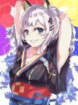  :d animal_ears armpits arms_behind_head arms_up blue_eyes breasts cat_ears cleavage fake_animal_ears hair_ornament hairclip highres japanese_clothes kaguya_luna kaguya_luna_(character) kimono looking_at_viewer open_mouth smile teeth tomas_(kaosu22) twintails virtual_youtuber white_hair 