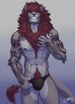  2018 5_fingers abs anthro biceps biting_lip black_nose blue_eyes body_hair bulge chest_hair clothed clothing demon eyebrows feline feralise fluffy_hair glowing glowing_eyes grey_skin grin hair hand_on_chest horn inviting lion looking_at_viewer male mammal mane markings multicolored_skin muscular muscular_male red_hair sharp_teeth simple_background smile solo tattoo teasing teeth topless two_tone_skin underwear white_skin 