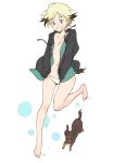  agahari animal barefoot black_jacket blonde_hair blue_eyes clenched_teeth dachshund dog dog_tail erica_hartmann hands_in_pockets highres jacket looking_down multicolored_hair navel open_clothes panties short_hair simple_background solo strike_witches tail teeth underwear white_background white_panties world_witches_series 