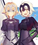  absurdres ahoge armor armored_dress bangs black_dress blonde_hair blue_eyes blunt_bangs breasts chain commentary_request dress enokimo_me eyebrows_visible_through_hair fate_(series) hand_on_hip highres jeanne_d'arc_(alter)_(fate) jeanne_d'arc_(fate) jeanne_d'arc_(fate)_(all) long_hair medium_breasts multiple_girls open_mouth pixiv_fate/grand_order_contest_2 ponytail short_hair silver_hair smile standing sweatdrop upper_body yellow_eyes 