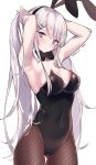 animal_ears armpits arms_up artist_name azur_lane bare_shoulders black_hairband black_legwear black_neckwear bow bowtie breasts bunching_hair bunny_ears bunnysuit cleavage closed_mouth covered_navel dated enterprise_(azur_lane) fishnet_pantyhose fishnets hairband long_hair looking_at_viewer medium_breasts mimelond pantyhose purple_eyes silver_hair simple_background solo standing white_background 