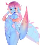  big_tail cteno eyewear featureless_crotch female flat_chested glasses hair humanoid monster monster_girl_(genre) multi_arm multi_limb navel nude pink_hair raikissu red_eyes simple_background solo thick_thighs white_background yellow_sclera 