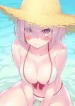  between_legs bikini blush breasts cleavage eyes_visible_through_hair fate/grand_order fate_(series) frown hand_between_legs hat highres jonsun large_breasts mash_kyrielight purple_eyes purple_hair solo straw_hat swimsuit swimsuit_of_perpetual_summer water 