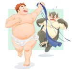  anthro blush canine chasing clothing convenient_censorship dog duo embarrassed fundoshi holding_clothing human japanese_clothing male mammal moritaka nipples nude omochiwotakusan overweight overweight_male pawpads tokyo_afterschool_summoners towel underwear 
