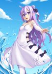  :d azur_lane bare_shoulders black_bow blush bow breasts cloud day detached_sleeves dress eyebrows_visible_through_hair hair_between_eyes head_tilt highres kuro_emimi long_hair one_side_up open_mouth outdoors purple_hair sky sleeves_past_wrists small_breasts smile solo sparkle standing unicorn_(azur_lane) very_long_hair water water_drop white_dress white_legwear 