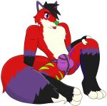  2018 anthro blep briefs bulge canine clothed clothing digital_media_(artwork) fluffy fox fur hair hi_res majira_strawberry male mammal multicolored_fur notkastar signature simple_background sitting smile solo spread_legs spreading stripes tongue tongue_out topless underwear 