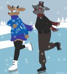  2018 caprine clothing duo eyewear fan_character frigadae glasses goat hat ice ice_skates mammal scarf skirt skullgoat777 snow sweater tree winter 