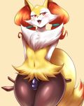  2018 absurd_res anthro braixen bulge canine eyelashes girly hands_behind_back hi_res inner_ear_fluff male mammal mleonheart nintendo open_mouth pok&eacute;mon pok&eacute;mon_(species) simple_background solo stick video_games 