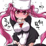 1girl bleach blush breasts curvy dokugamine_riruka female hanya_(hanya_yashiki) hat large_breasts long_hair looking_at_viewer pink_eyes pink_hair shiny simple_background solo sweat translation_request twintails white_background 
