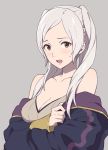  agata_(agatha) bare_shoulders blush breasts cleavage collarbone female_my_unit_(fire_emblem:_kakusei) fire_emblem fire_emblem:_kakusei jacket long_sleeves looking_at_viewer medium_breasts my_unit_(fire_emblem:_kakusei) off_shoulder open_mouth solo sweatdrop twintails white_hair 
