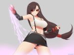  bare_shoulders belt black_hair black_panties breasts brown_hair clenched_hands commentary crop_top detached_sleeves earrings elbow_gloves elbow_pads electricity eyebrows_visible_through_hair eyes_visible_through_hair final_fantasy final_fantasy_vii fingerless_gloves gloves grey_background grin jewelry kuroonehalf large_breasts long_hair low-tied_long_hair midriff motion_blur navel panties pantyshot red_eyes red_gloves simple_background smile solo suspenders tifa_lockhart underwear uppercut very_long_hair 