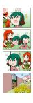  3girls 4koma ^_^ absurdres animal_ears bars black_ribbon blonde_hair braid closed_eyes comic fairy_wings flower flying flying_sweatdrops gate gradient gradient_background green_hair hands_on_hips heart highres hong_meiling kasodani_kyouko lily_white multiple_girls no_mouth o_o on_head petting puffy_short_sleeves puffy_sleeves rakugaki-biyori rapeseed_blossoms red_hair ribbon short_sleeves silent_comic solid_oval_eyes tail touhou transparent tree twin_braids v-shaped_eyebrows wings 