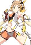  :o ass_visible_through_thighs bike_shorts blonde_hair bodysuit breasts clenched_hands headphones medium_breasts navel p_book senki_zesshou_symphogear short_hair solo tachibana_hibiki_(symphogear) thighhighs thighs v-shaped_eyebrows white_background wide_sleeves yellow_eyes 