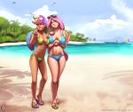  2018 alternate_species beach bikini clothing darkhazard digital_media_(artwork) duo eyewear feathered_wings feathers female fluttershy_(mlp) friendship_is_magic hair hi_res humanoid long_hair looking_at_viewer multicolored_hair my_little_pony navel one_eye_closed outside pink_hair rainbow_dash_(mlp) seaside sunglasses swimsuit v_sign winged_humanoid wings 