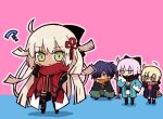  black_hair blonde_hair chibi fate/grand_order fate_(series) garter glasses green_eyes heroine_x heroine_x_alter japanese_clothes long_hair male okada_izou_(fate) orange_eyes ponytail saber sakura_saber sakura_saber_alter scarf seifuku short_hair tagme_(artist) thighhighs 