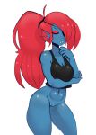  2018 absurd_res anthro biped black_clothing black_shirt black_topwear blue_skin bottomless breasts cleavage clothed clothing digital_media_(artwork) ear_fins eye_patch eyes_closed eyewear fangs female fin fish front_view hair hi_res long_hair marine navel non-mammal_breasts ponytail portrait pussy red_hair shirt simple_background solo somescrub standing tank_top three-quarter_portrait undertale undyne video_games white_background 