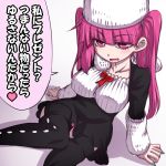  1girl bleach blush breasts curvy dokugamine_riruka female hanya_(hanya_yashiki) hat large_breasts long_hair looking_at_viewer naughty_face pink_eyes pink_hair pink_panties shiny simple_background sitting smile solo sweat translation_request twintails white_background 