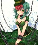  bemani blush breasts chain chained cleavage collarbone commentary_request dress eyepatch flower frown green_dress green_eyes green_hair green_hat gumi hair_flower hair_ornament hands_on_lap hands_together hat highres kasane_(cynthia) looking_at_viewer medium_breasts medium_hair open_mouth red_flower red_rose rose solo vocaloid 