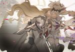  armor bangs bare_shoulders boots closed_eyes dress facing_another fate/grand_order fate_(series) flag flower gauntlets gleam hair_flower hair_ornament headpiece holding_hands jeanne_d'arc_(fate) jeanne_d'arc_(fate)_(all) large_hat long_hair marie_antoinette_(fate/grand_order) multiple_girls no-kan pink_flower pink_rose rose smile sword thigh_boots thighhighs twintails very_long_hair weapon white_dress yuri 