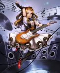  absurdres amplifier beamed_eighth_notes breasts brown_hair dress eighth_note electric_guitar fingerless_gloves full_body gloves green_eyes guitar high_heels highres instrument kibellin long_hair looking_at_viewer musical_note open_mouth original plectrum smile solo 