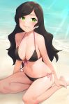  bangs barefoot beach bikini black_bikini black_hair blush breasts closed_mouth danball_senki_wars day eyebrows_visible_through_hair front-tie_bikini front-tie_top green_eyes highres large_breasts long_hair looking_at_viewer navel ocean onao side-tie_bikini sitting smile solo swept_bangs swimsuit 