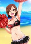 ;d arm_up armpits bangs bare_shoulders beach bikini_top black_skirt blush breasts brown_eyes brown_hair cheerleader cleavage clothes_writing collarbone day earrings eyebrows_visible_through_hair frilled_bikini_top halter_top halterneck idolmaster idolmaster_cinderella_girls jewelry large_breasts looking_at_viewer microskirt mizuki_seira navel ocean one_eye_closed open_mouth outdoors pleated_skirt pom_poms short_hair skirt smile solo sparkle stomach swept_bangs tanuki_(metaltanuki) 