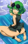  1girl ass barefoot bigdead93 curly_hair eyewear_on_head feet frilled_bikini green_eyes green_hair highres one-punch_man short_hair smile solo sunglasses tatsumaki water 